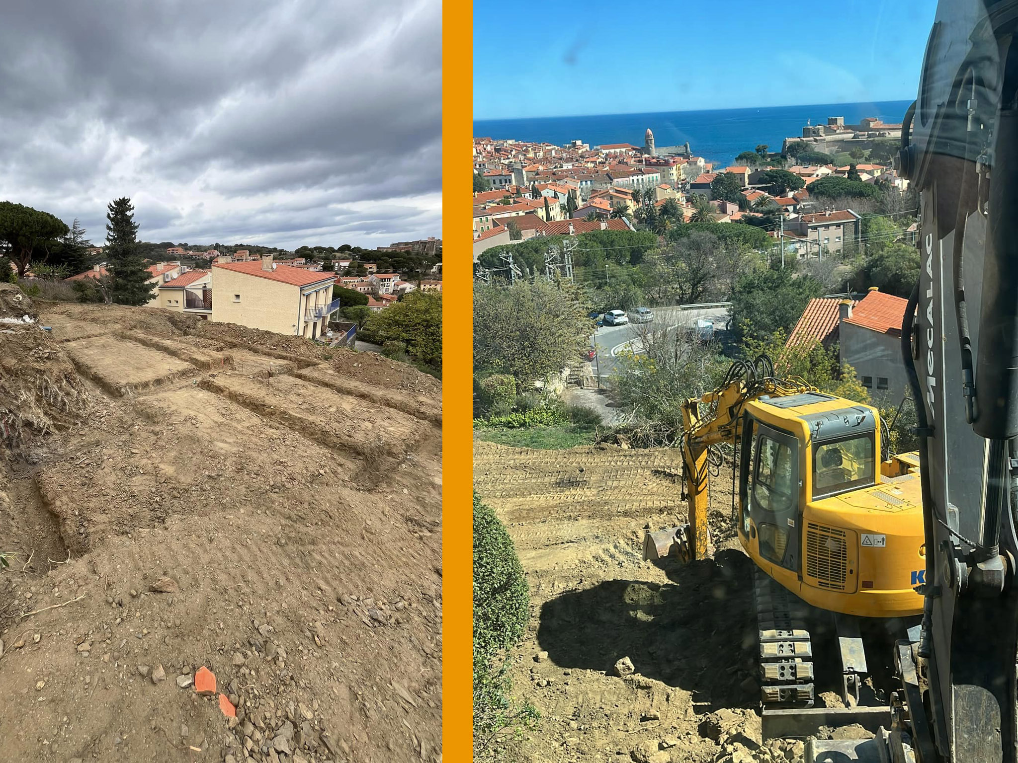 Terrassement avec évacuation de plus de 500 m3 de terre, et fondations à Collioure
