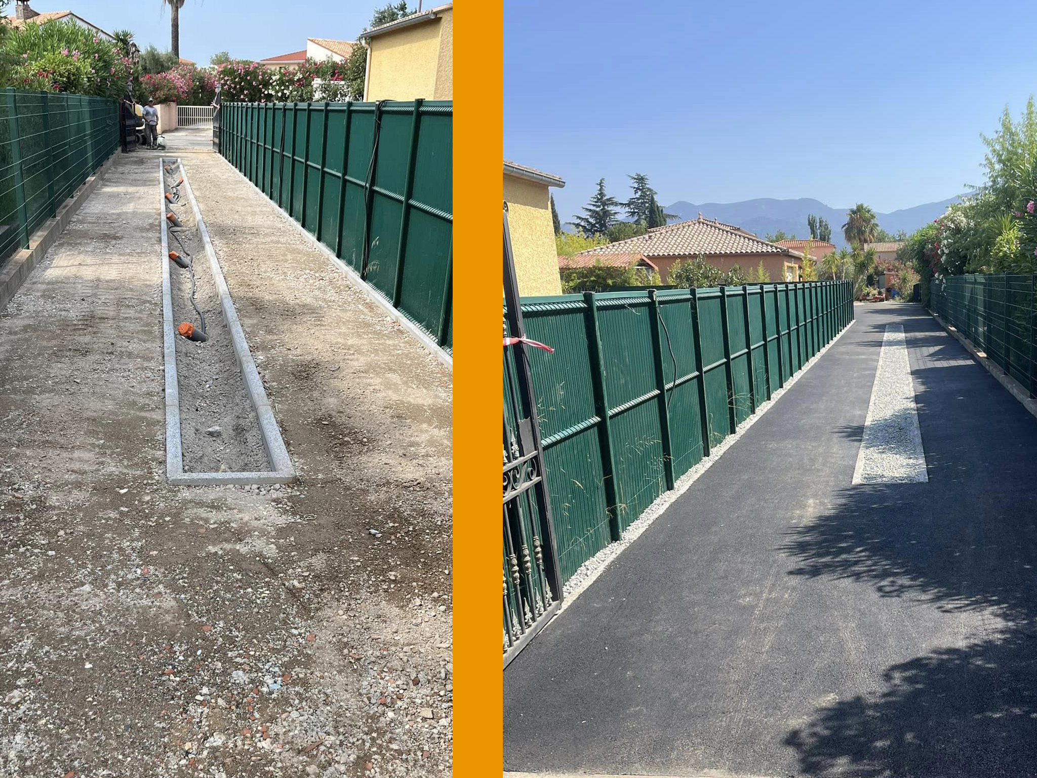 Aménagement d’une cour en enrobé avec bordure granité et espace vert en gravier à Palau del Vidre