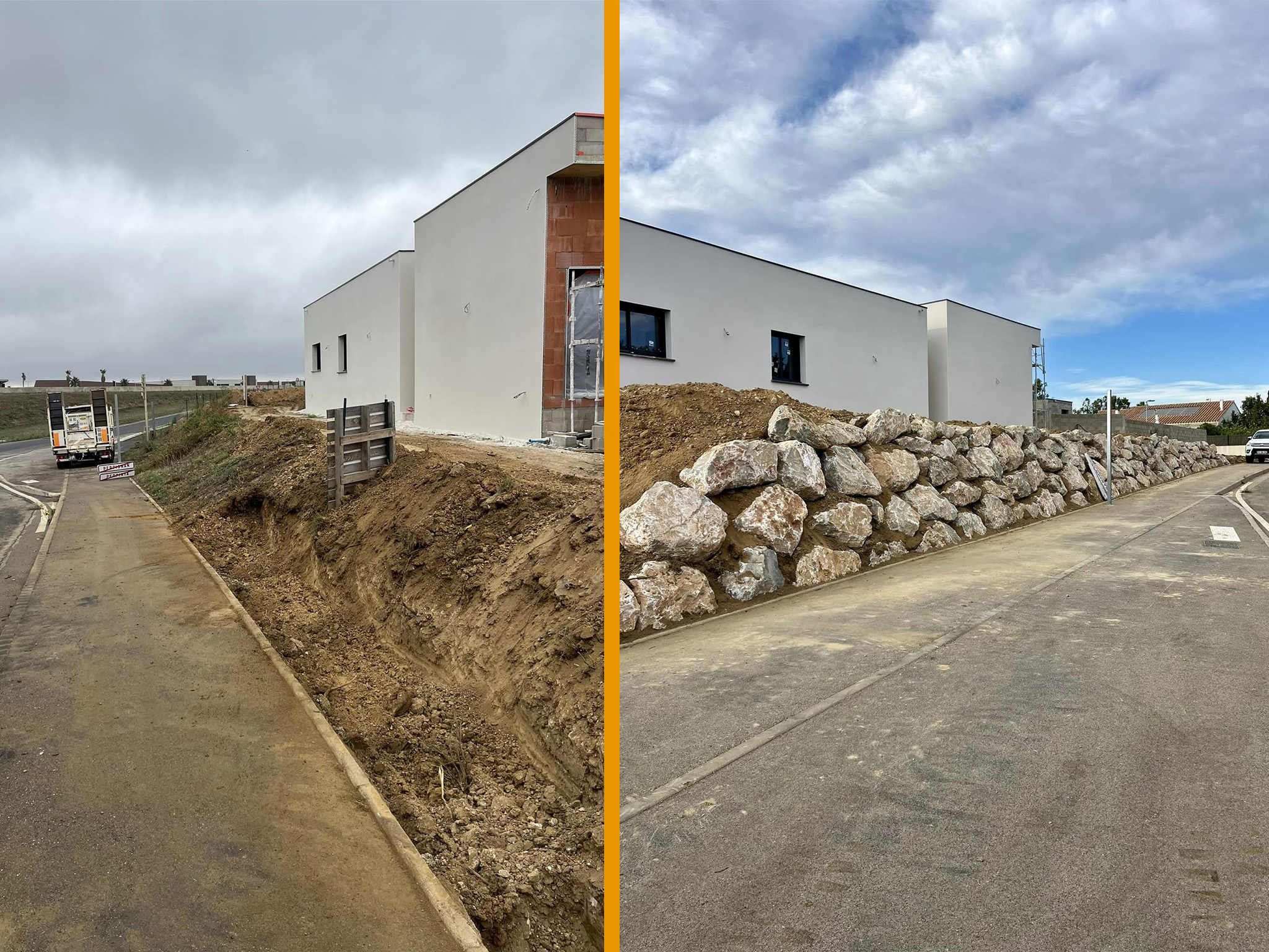 Enrochement et raccordement des réseaux pour cette belle construction par l’entreprise Adrien Spor sur la commune de Perpignan