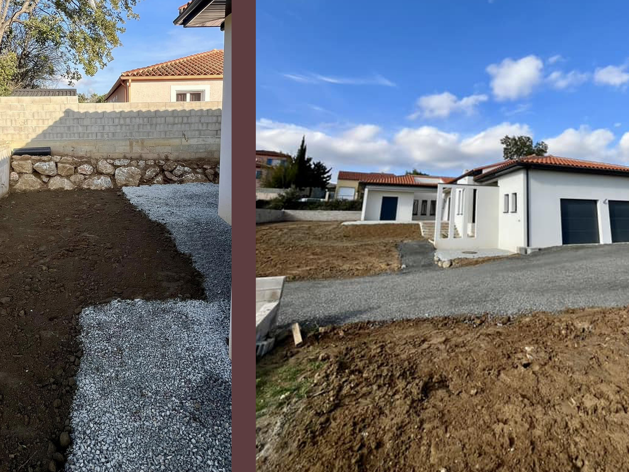 Aménagement extérieur pour cette villa, nivellement du terrain, petit enrochement, mise en place de gravier et concassé